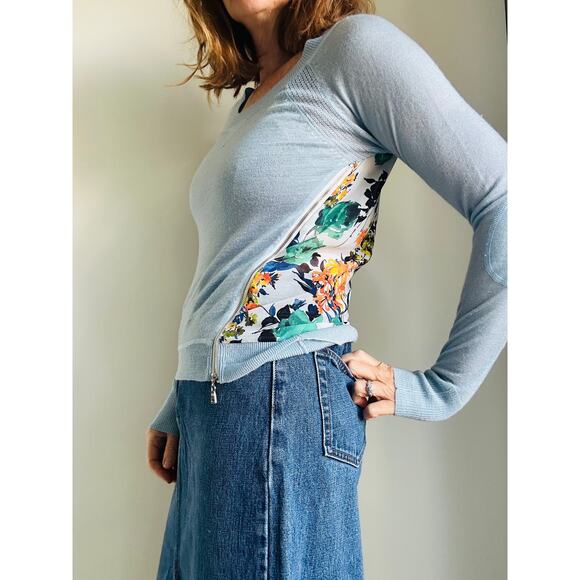 Sachi +Babi Wool Sweater Top Sheer Floral Print Blue Size 4 Quiet Luxury - Picture 4 of 9